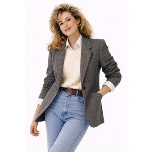 WOOL TWEED JACKET BLAZER gray SMALL vintage 80s herringbone academic college